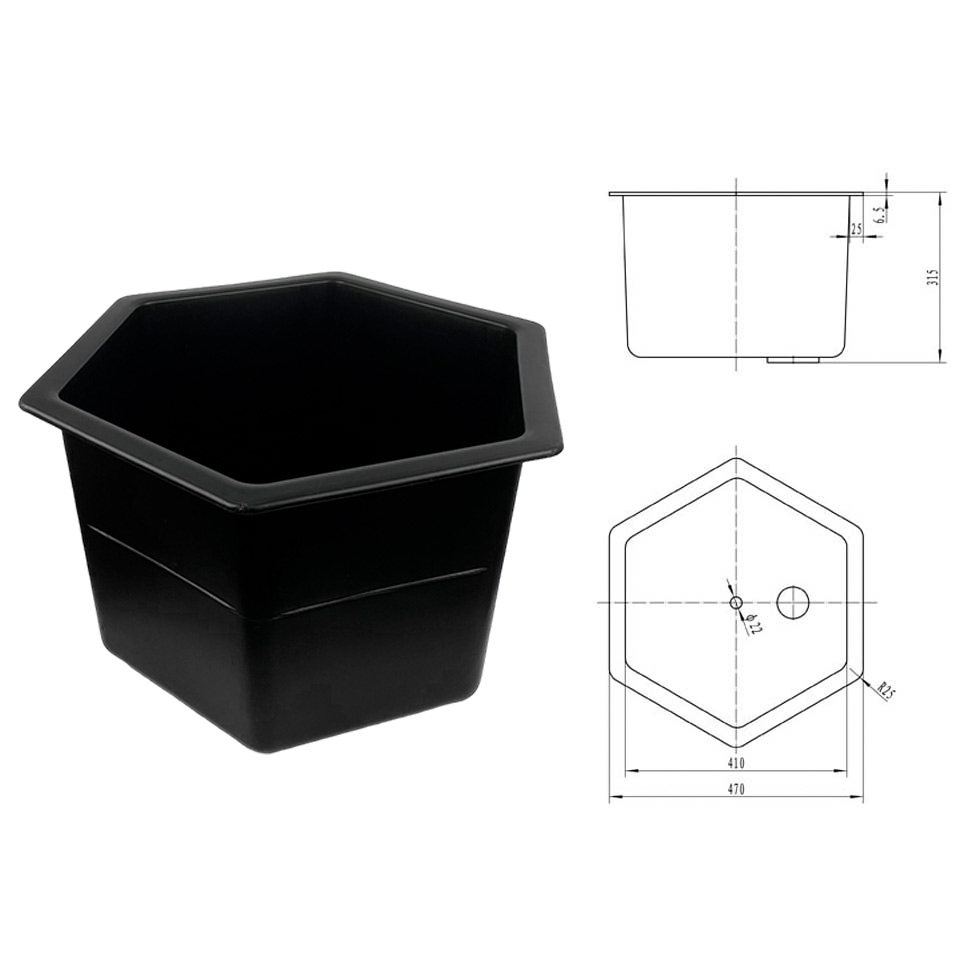 Шестигранная большая лабораторная раковина-мойка Stegler RM-6-410 (кран в центре, полипропиленовая, 410×410×320)
