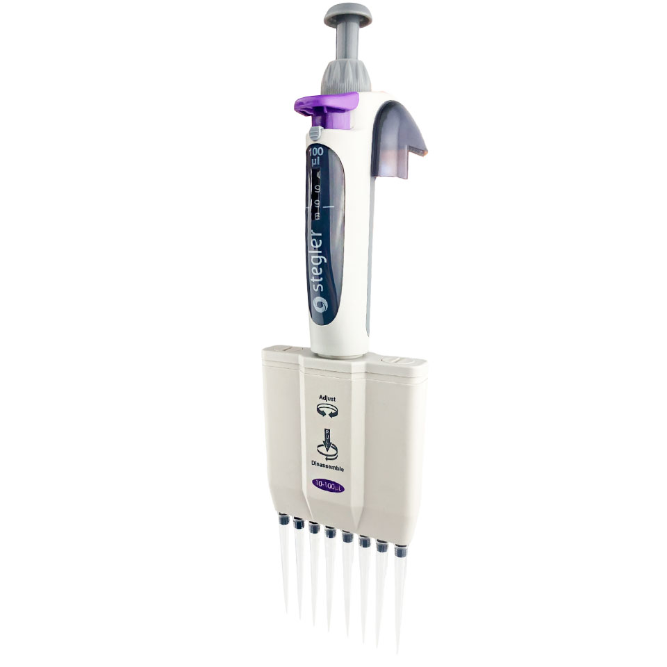 Восьмиканальный дозатор переменного объёма Stegler MVA-8-10-100 (8 каналов, 10-100 мкл, полностью автоклавируемый)